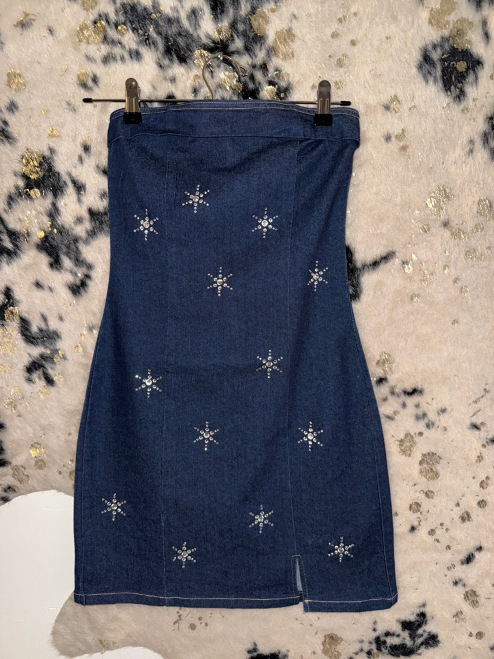 Denim Strapless Mini Dress with Rhinestone Star Embellishments